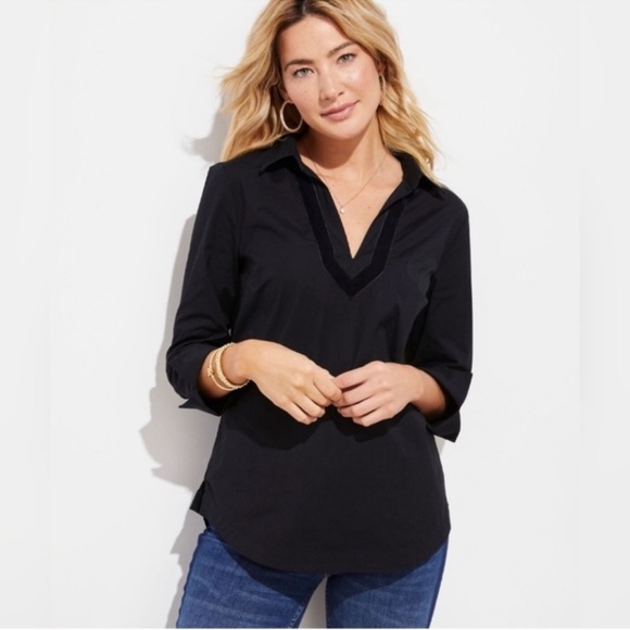 NWT Vineyard Vines Velvet Trim Popover Blouse Jet Black - Picture 3 of 8